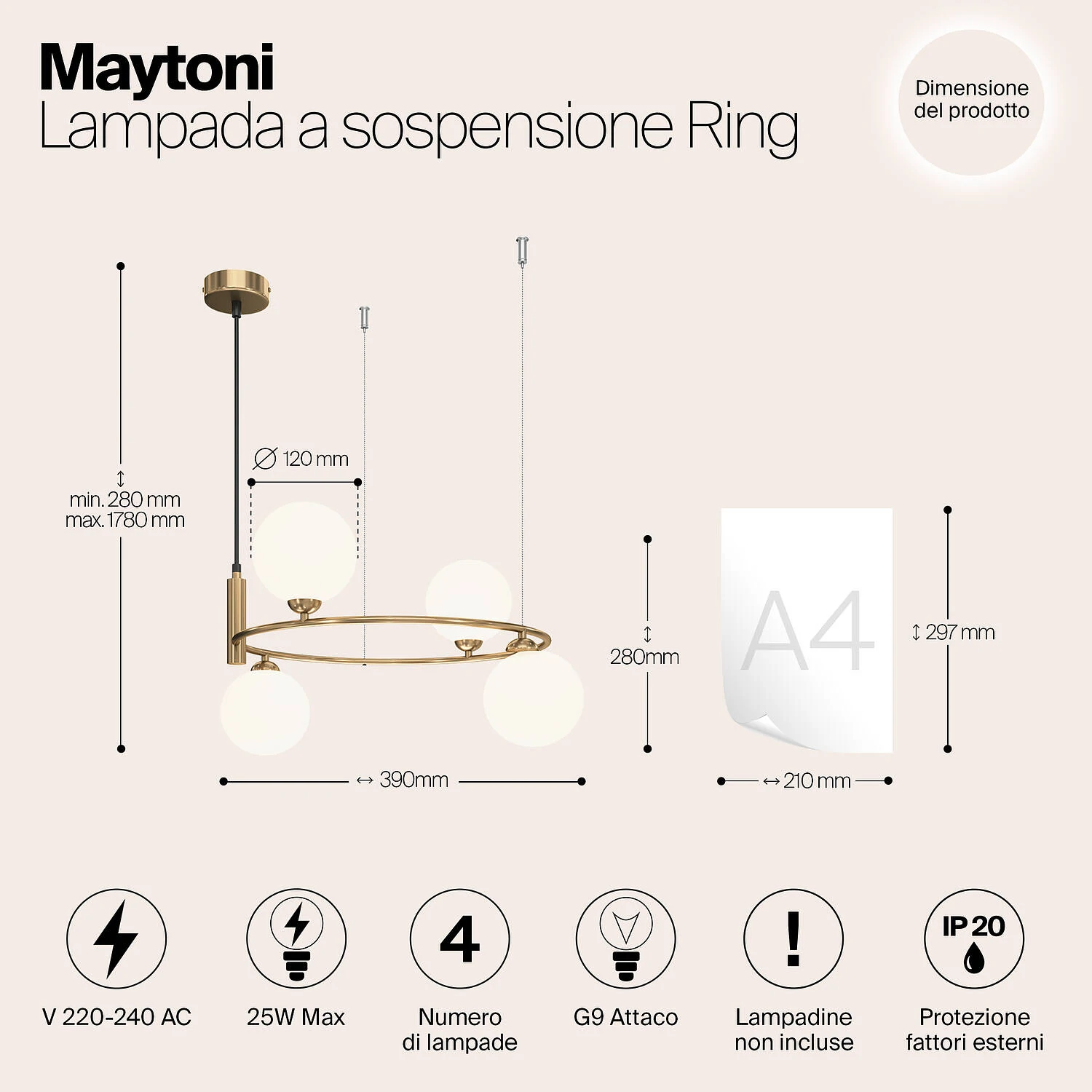 Подвесной светильник Modern Ring, 4xG9 Латунь, Белый (Maytoni, MOD013PL-04BS1) - Amppa.ru