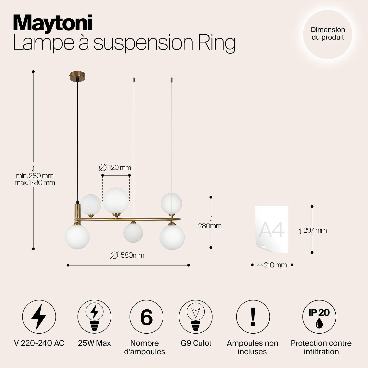 Подвесной светильник Modern Ring, 6xG9 Латунь, Белый (Maytoni, MOD013PL-06BS1) - Amppa.ru